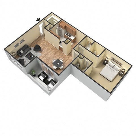 Floor plan for 1 bed, 1 bath, 940 sqft